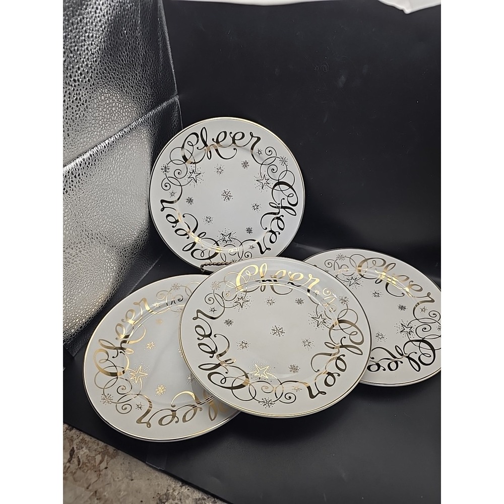 Set of 4 Hausenware‎ by Lyn Dillin 8" Gold Cheer plates-Holiday-Christmas
